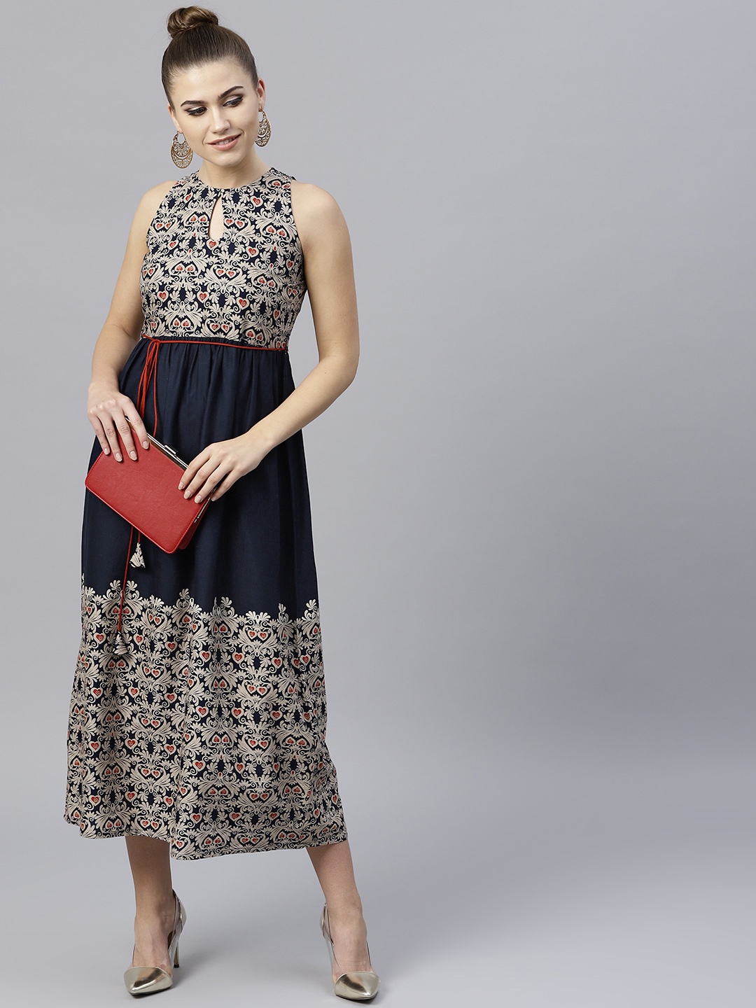 

GERUA Women Navy Blue Printed Empire Dress