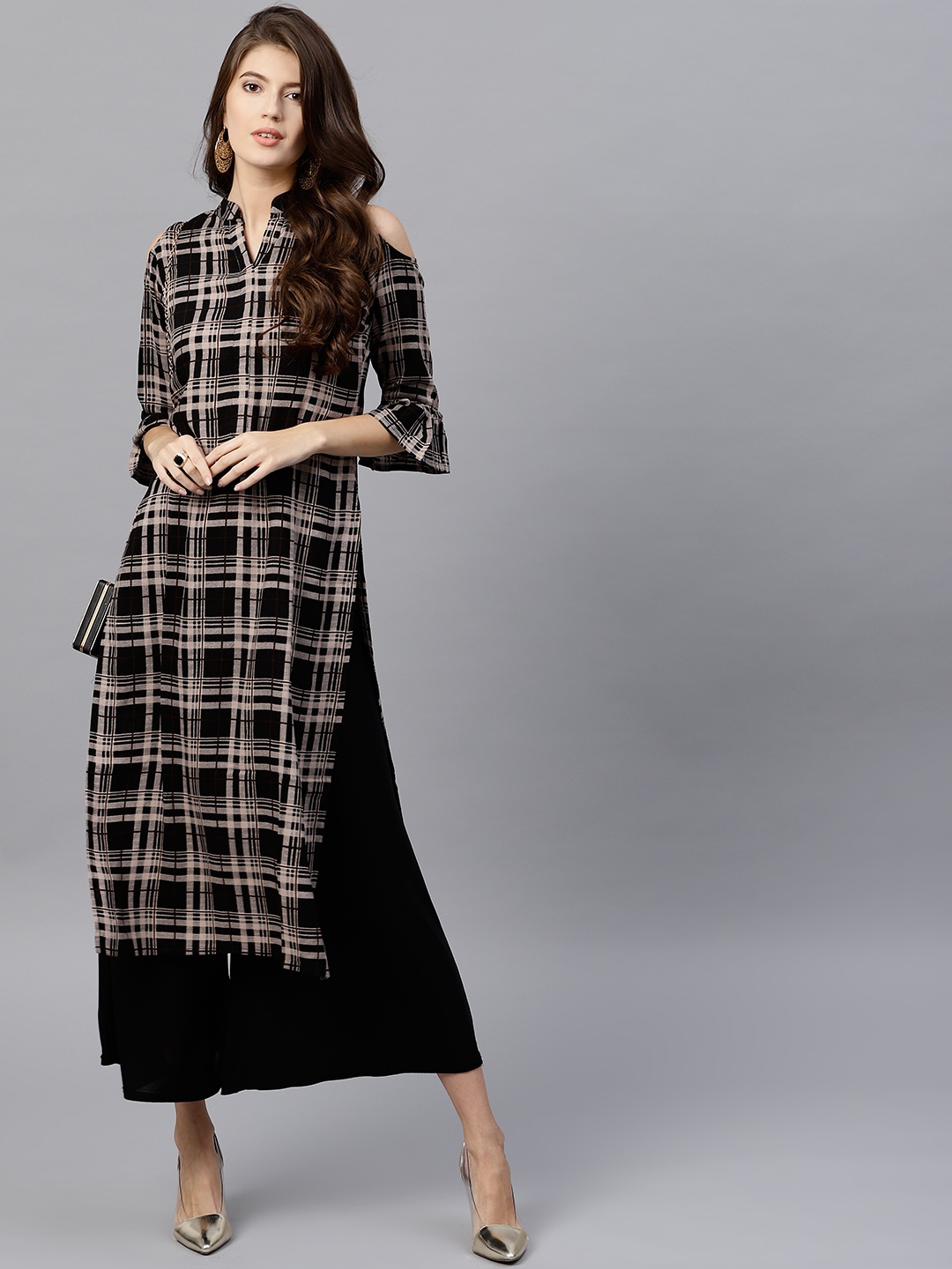 

GERUA Women Black & Beige Checked Cold Shoulder Straight Kurta