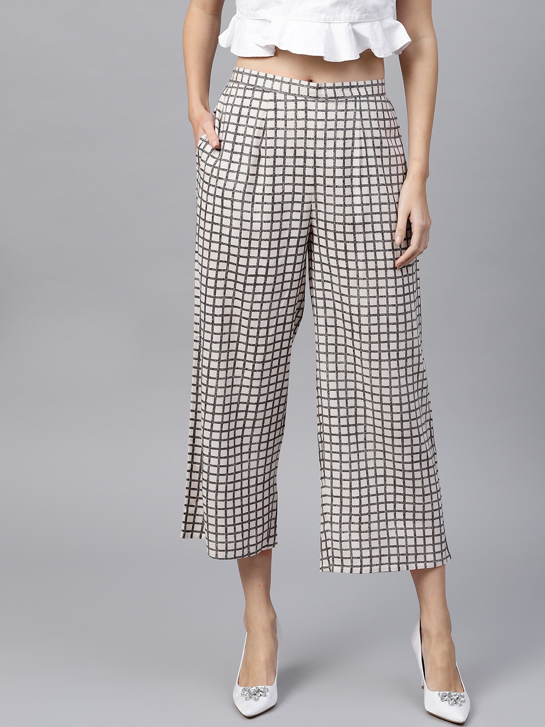 

GERUA Women Off-White & Black Checked Wide Leg Cropped Palazzos