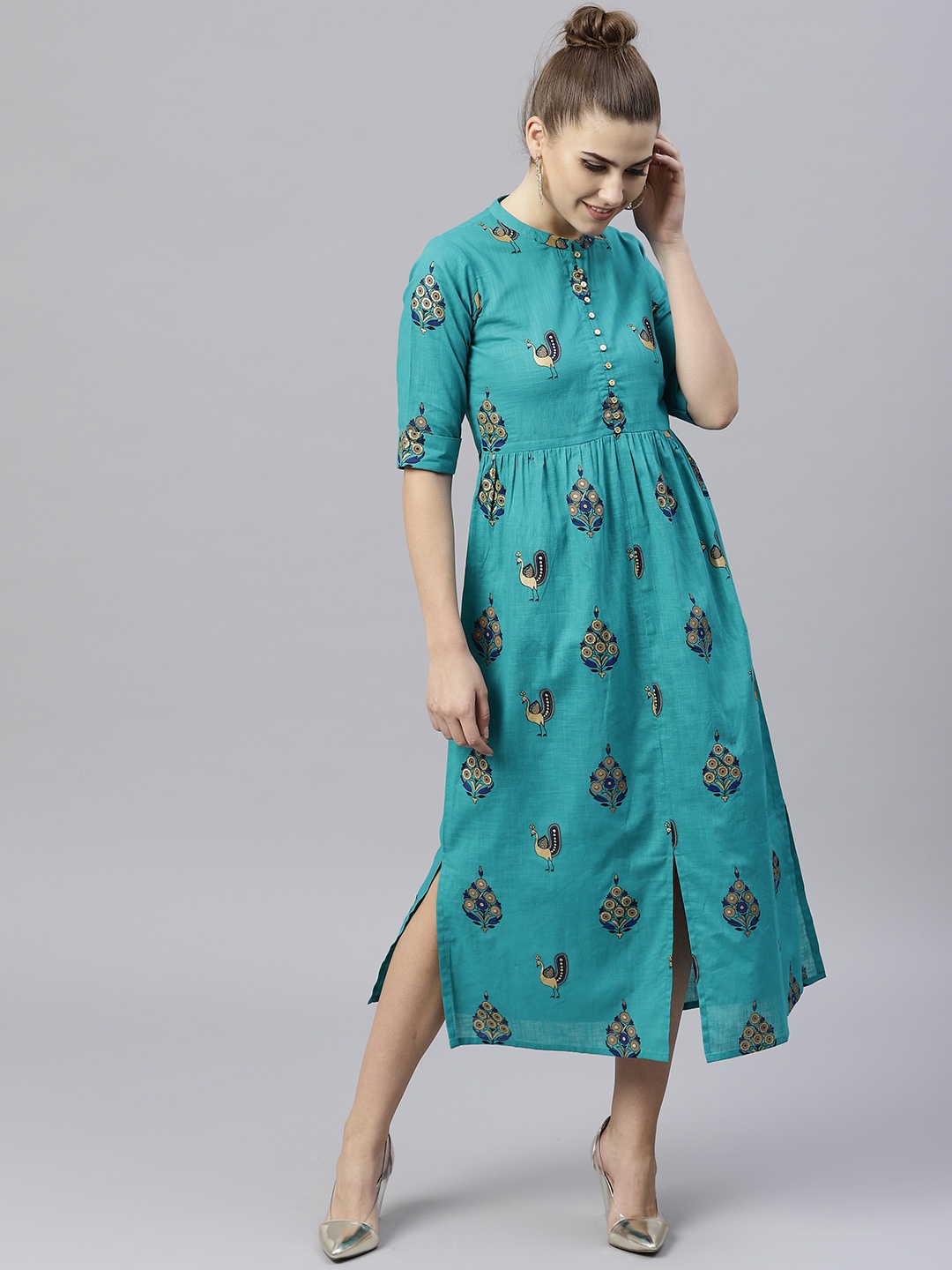 

GERUA Women Turquoise Blue Printed Empire Dress