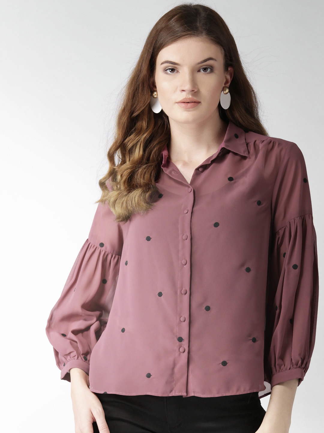 

QUIERO Polka Dot Opaque Printed Casual Shirt, Mauve