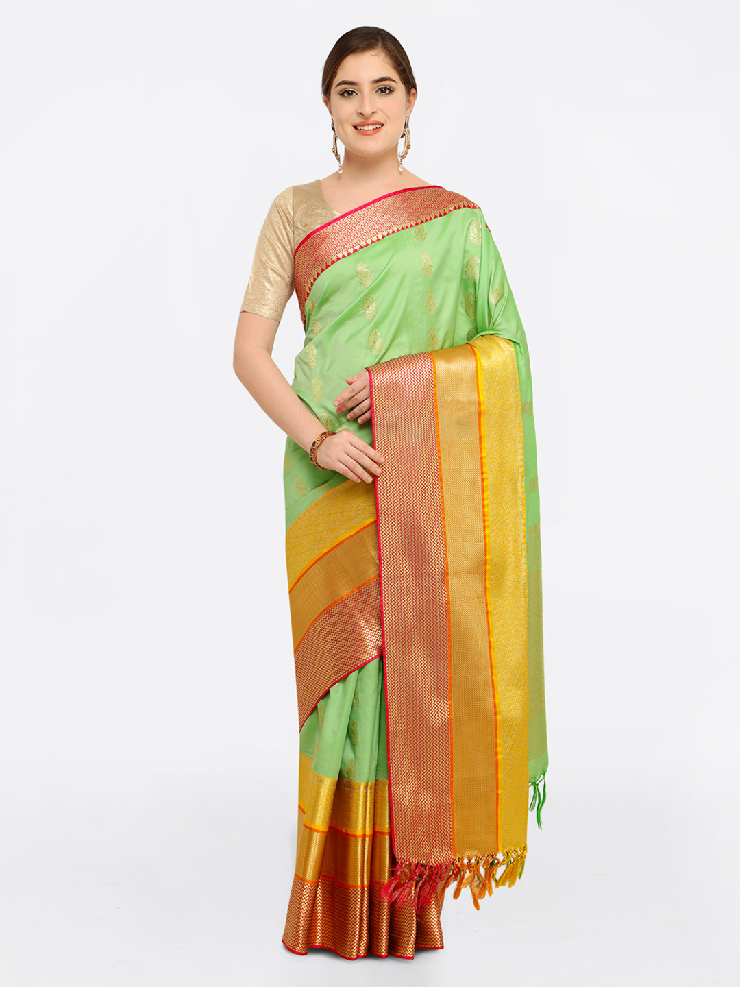 

Varkala Silk Sarees Green & Red Silk Blend Woven Design Kanjeevaram Saree