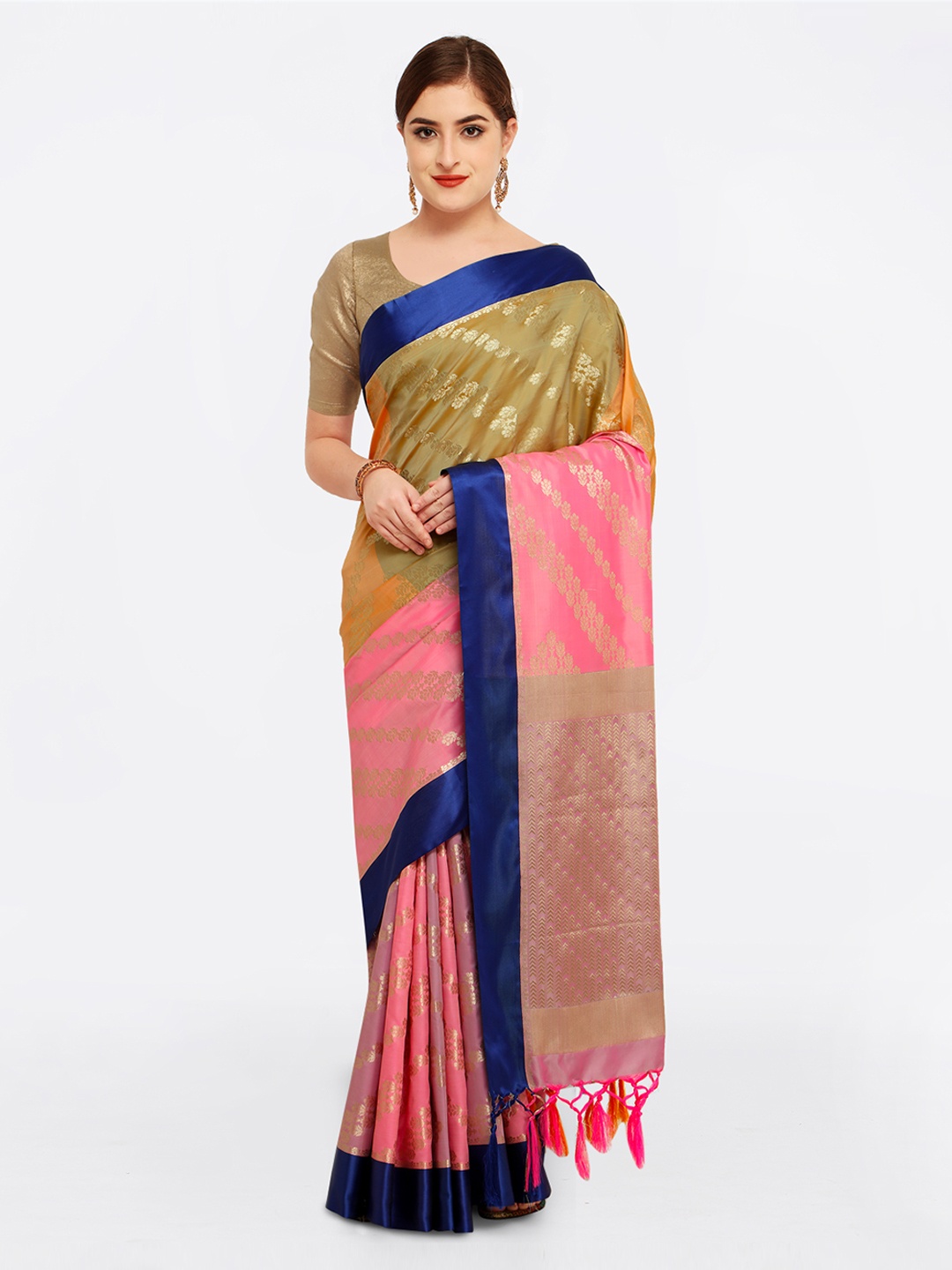 

Varkala Silk Sarees Pink & Khaki Silk Blend Woven Design Kanjeevaram Saree