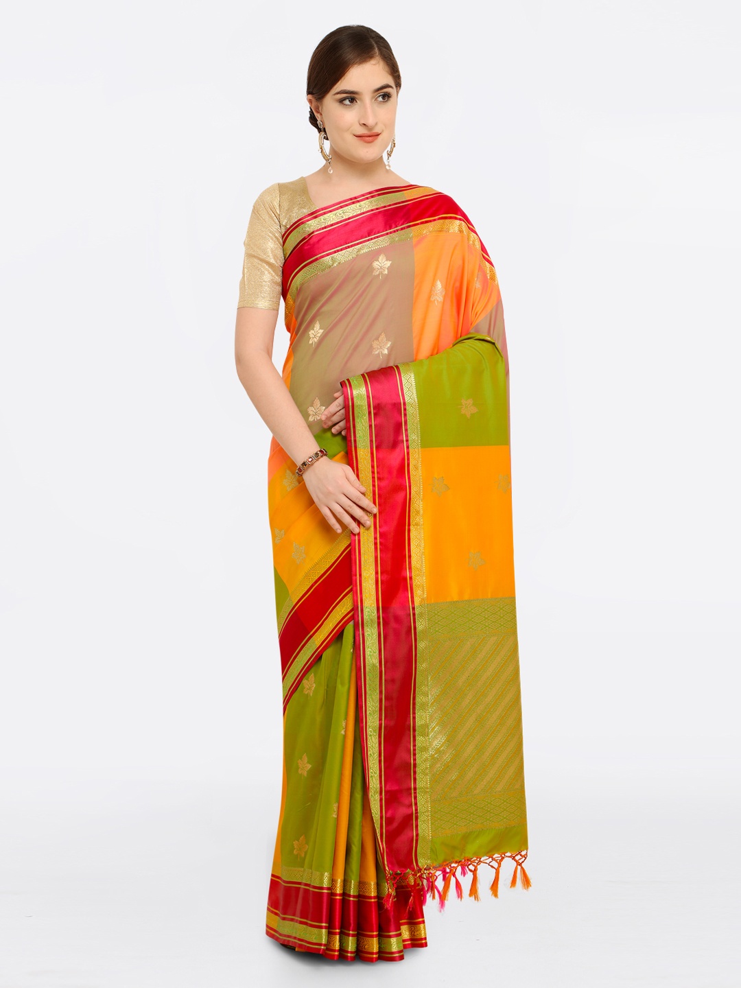 

Varkala Silk Sarees Green & Orange Silk Blend Colourblocked Kanjeevaram Saree