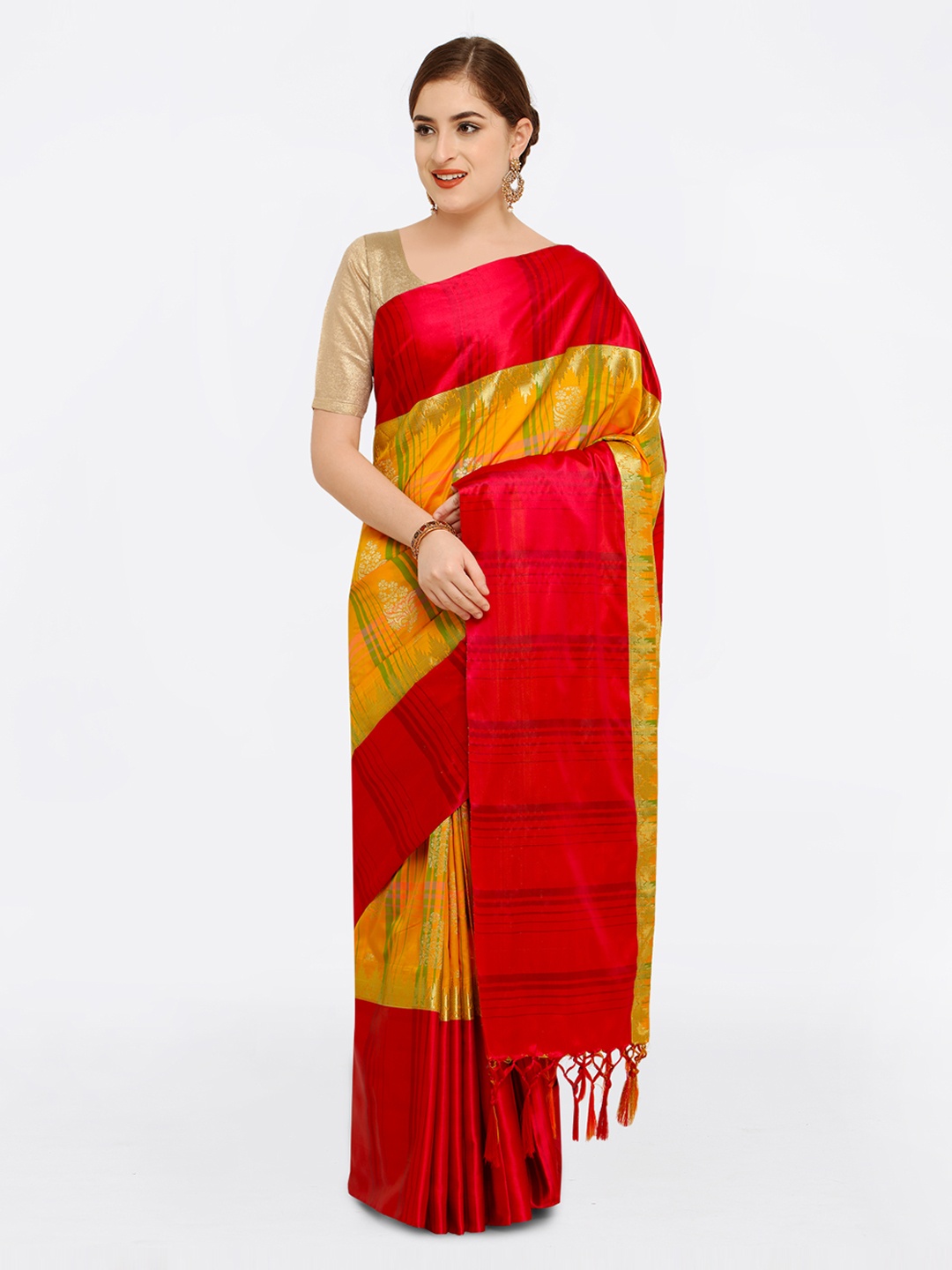 

Varkala Silk Sarees Mustard & Red Silk Blend Woven Design Kanjeevaram Saree