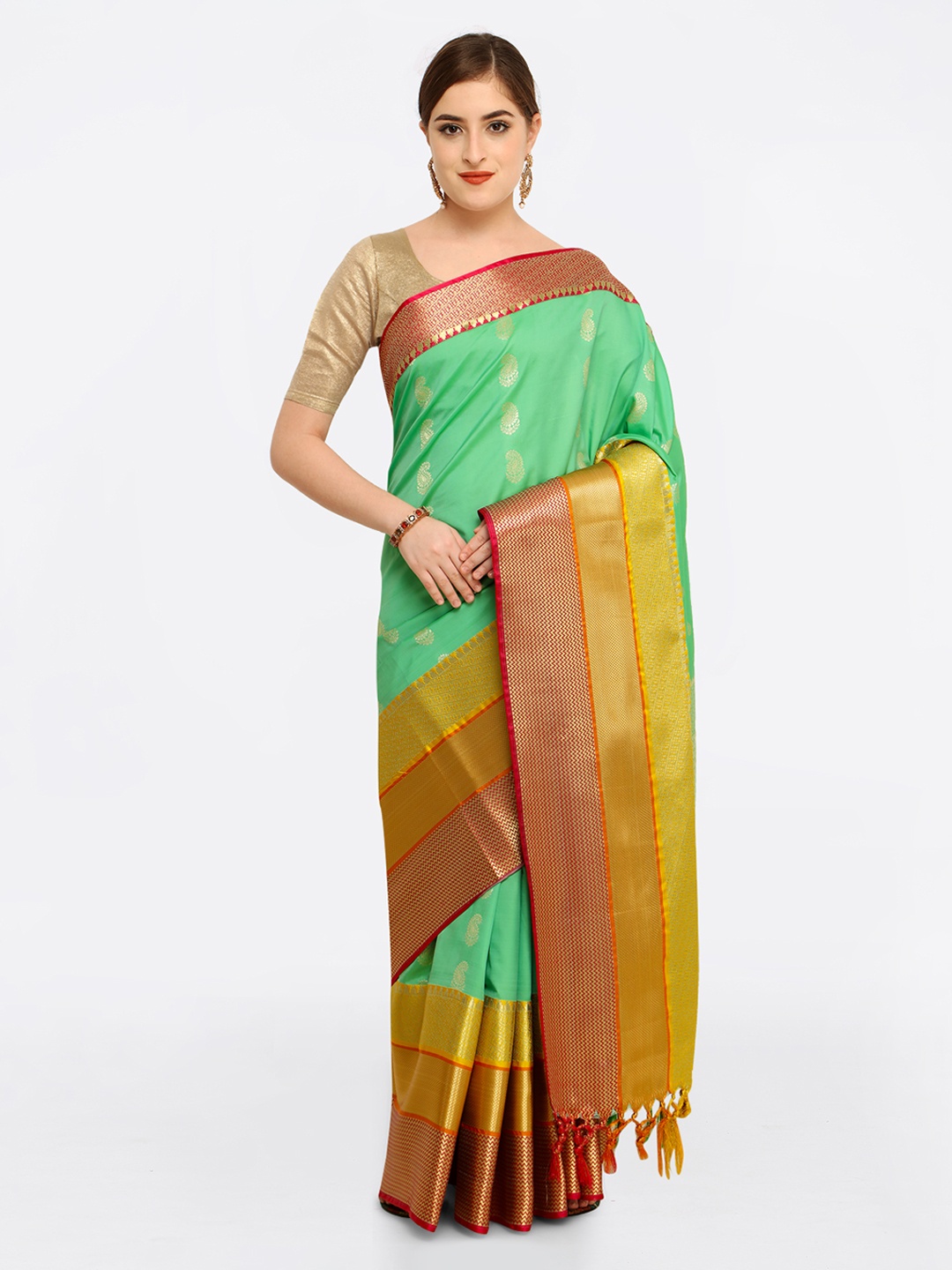 

Varkala Silk Sarees Green & Red Silk Blend Woven Design Kanjeevaram Saree