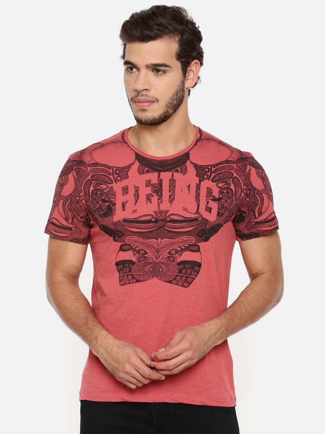 

Being Human Men Red Printed Round Neck Pure Cotton T-shirt