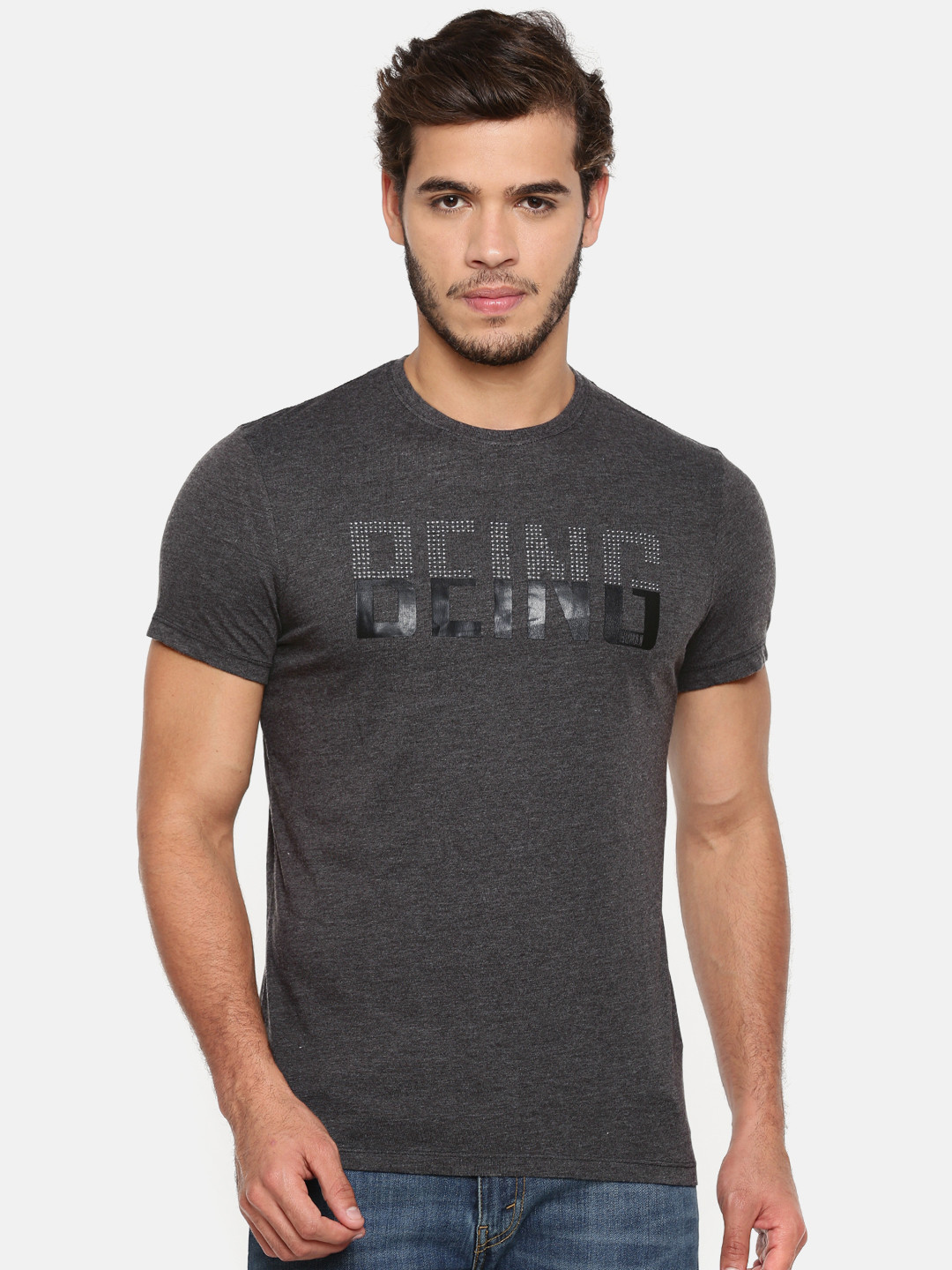 

Being Human Men Grey Melange Solid Round Neck T-shirt