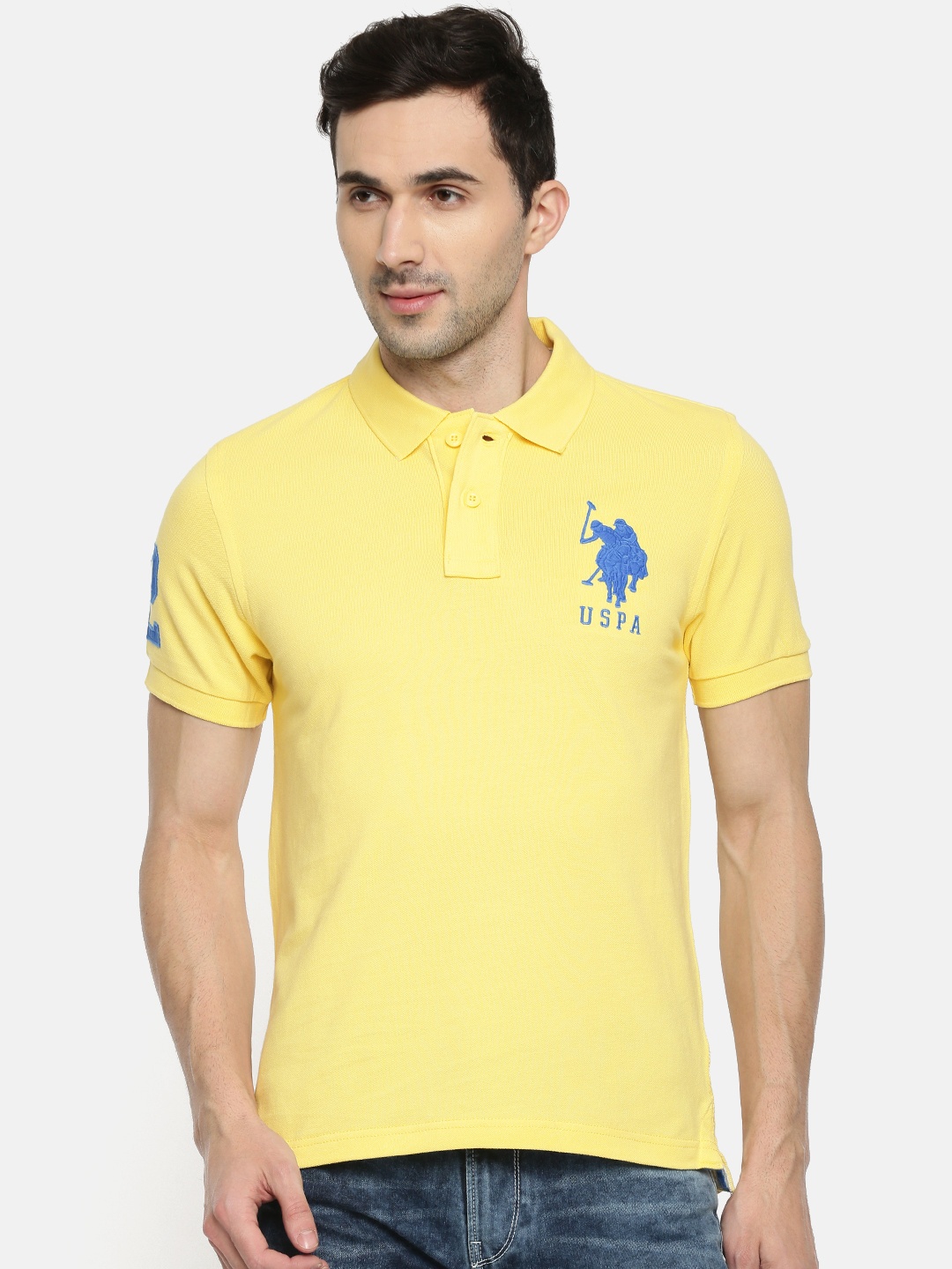 

U.S. Polo Assn. Men Yellow Solid Polo Collar Pure Cotton T-shirt