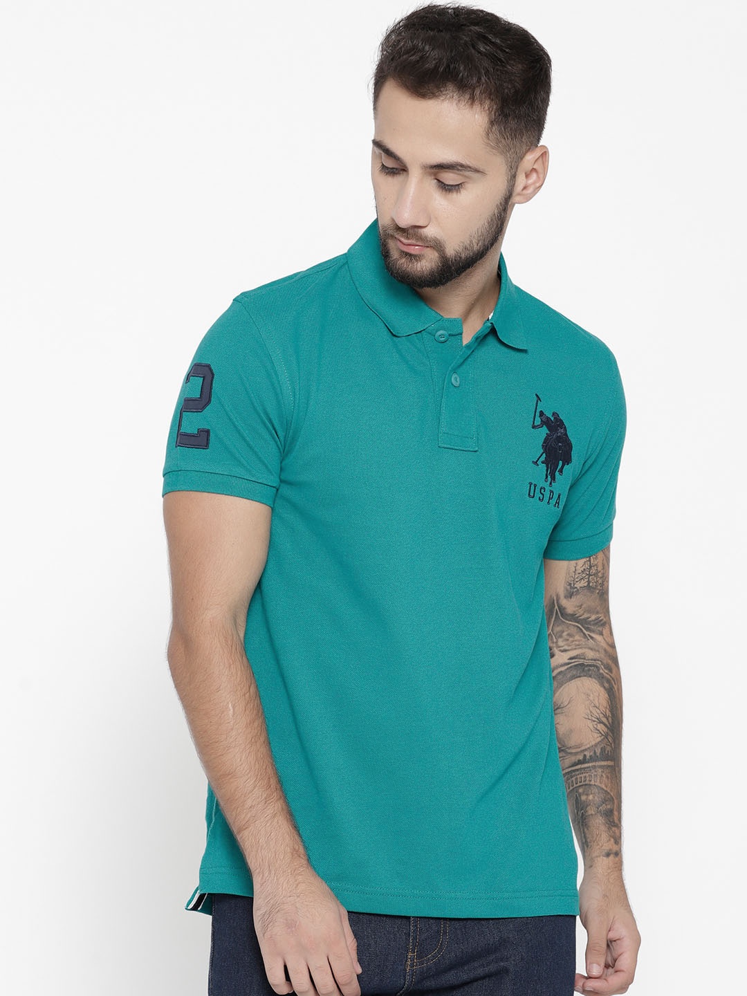 

U.S. Polo Assn. Men Green Solid Polo Collar T-shirt