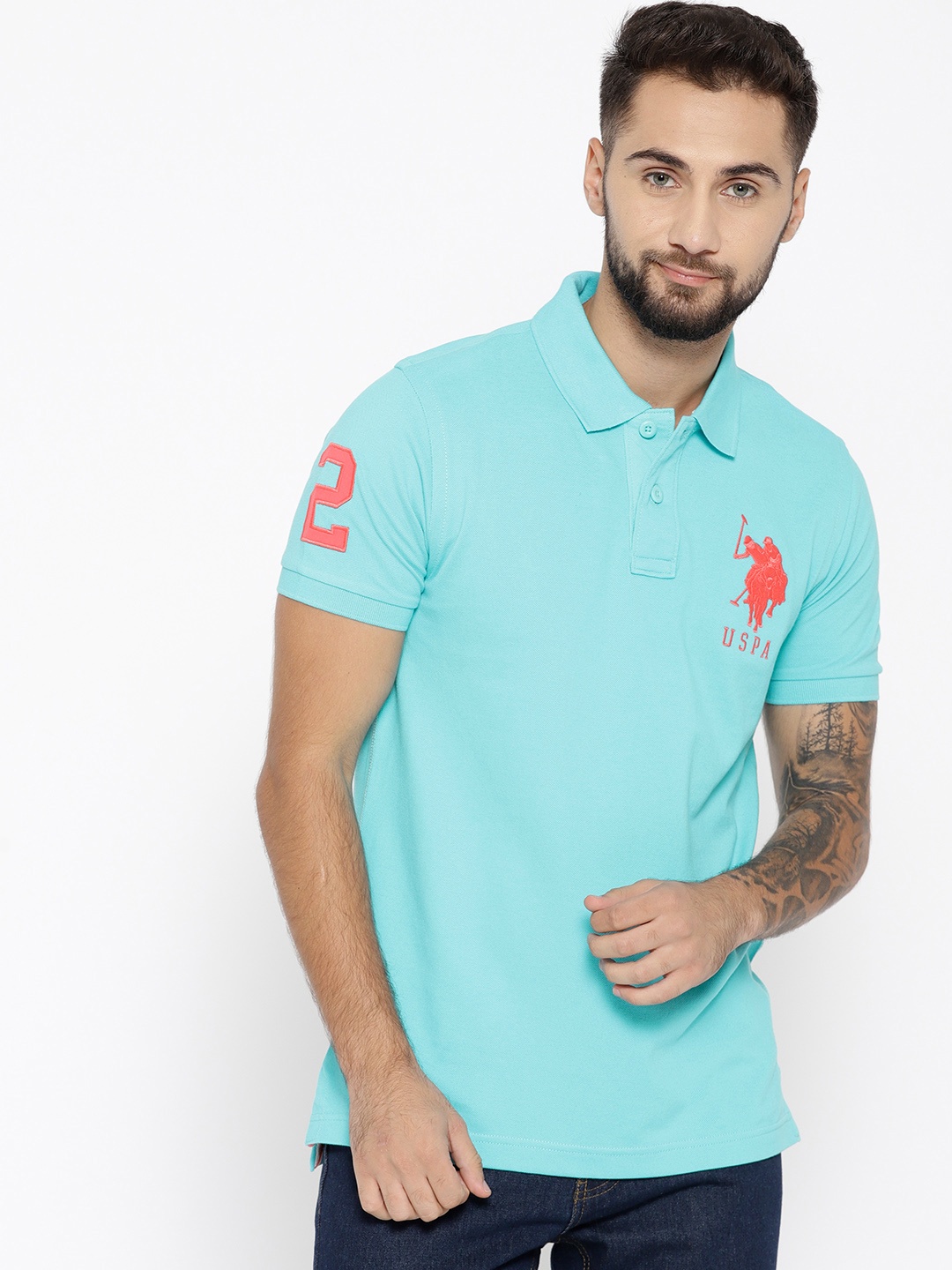 

U.S. Polo Assn. Men Turquoise Blue Solid Polo Collar T-shirt