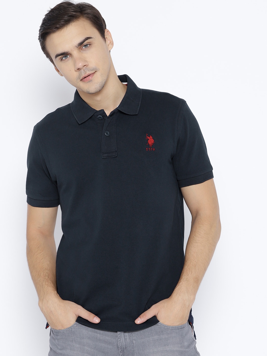 

U.S. Polo Assn. Men Navy Blue Solid Polo Collar Pure Cotton T-shirt