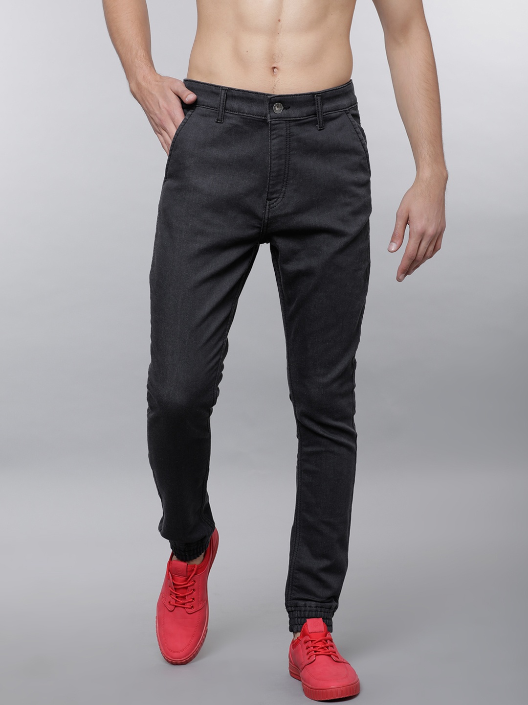 

LOCOMOTIVE Men Charcoal Jogger Mid-Rise Clean Look Stretchable Joggers