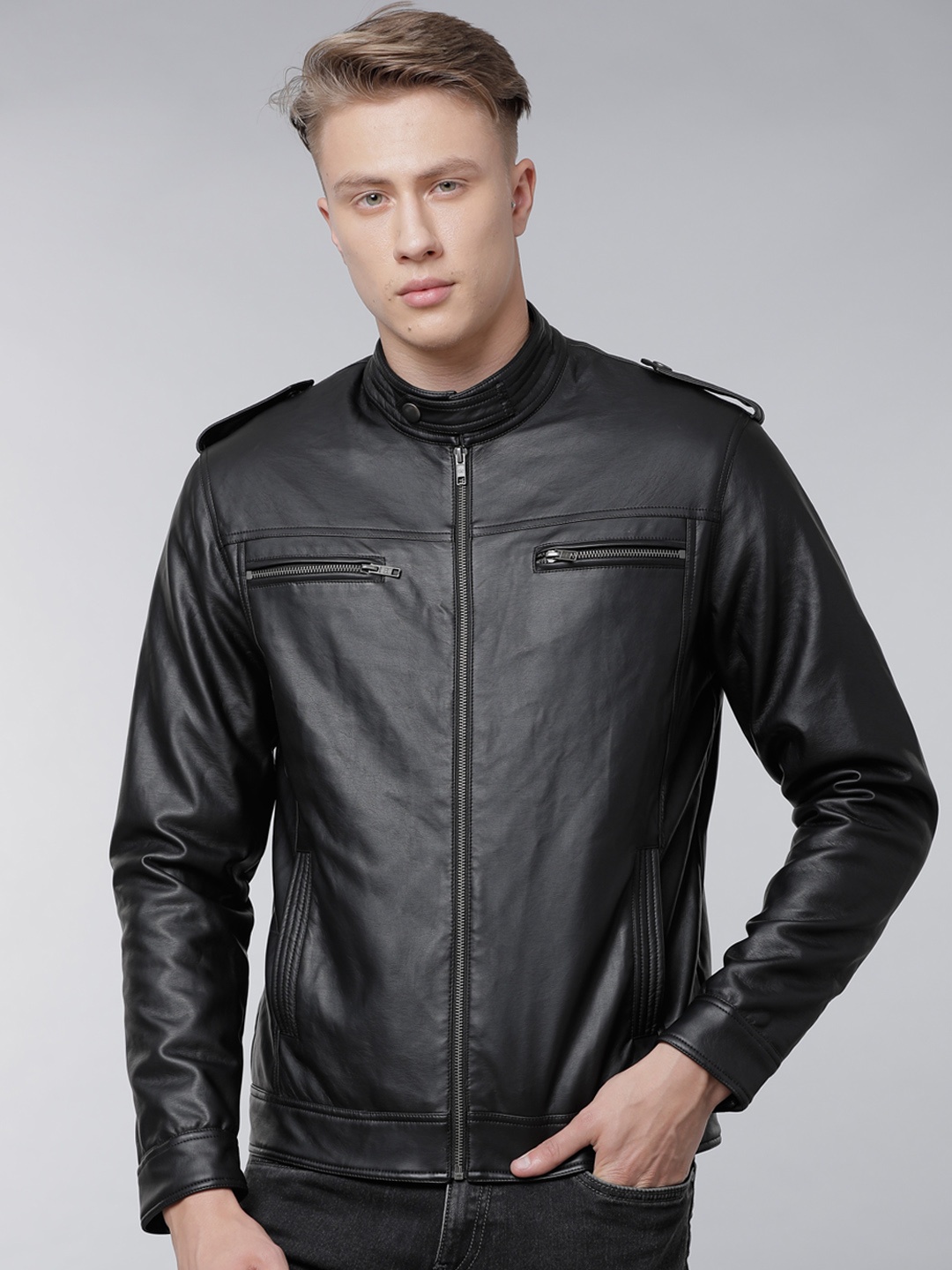 

LOCOMOTIVE Men Black Solid Biker Jacket