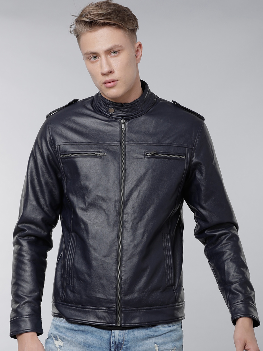 

LOCOMOTIVE Men Navy Blue Solid Biker Jacket