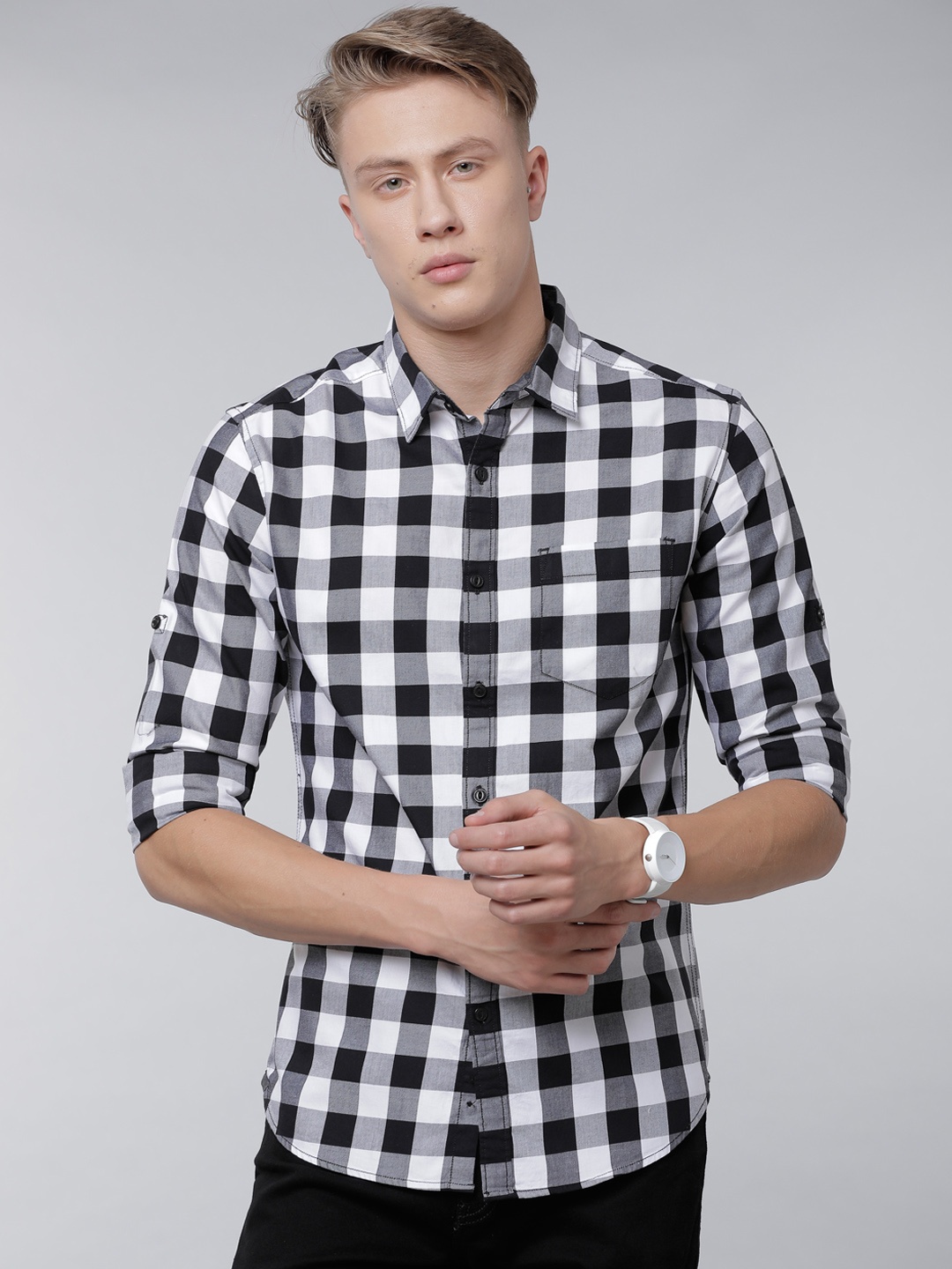 

LOCOMOTIVE Men White & Black Slim Fit Checked Casual Shirt