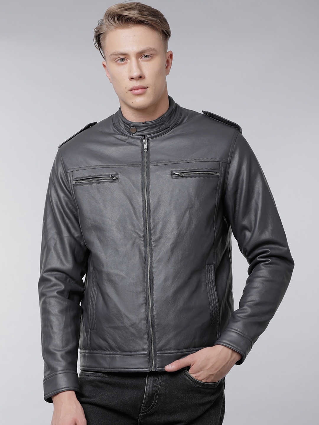 

LOCOMOTIVE Men Grey Solid Biker Jacket