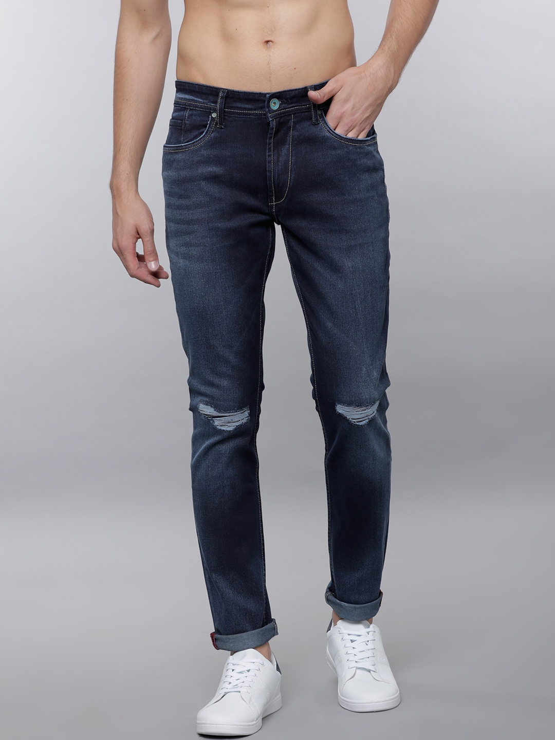 

LOCOMOTIVE Men Blue Slim Fit Mid-Rise Slash Knee Stretchable Jeans