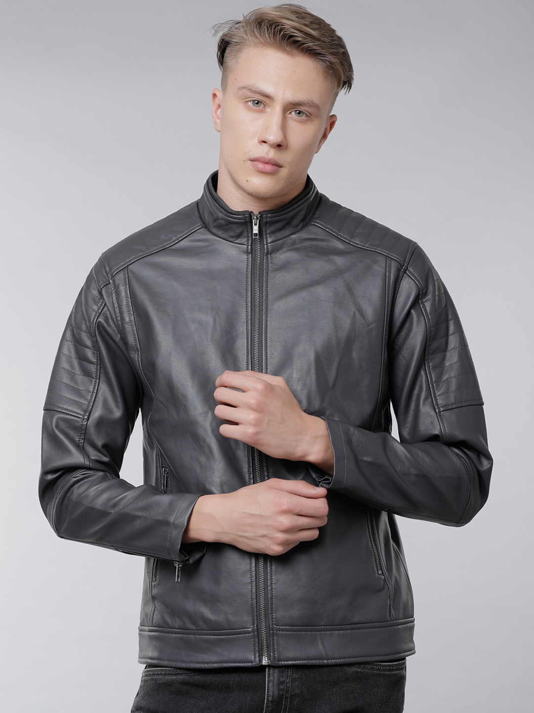 

LOCOMOTIVE Men Grey Solid Biker Jacket