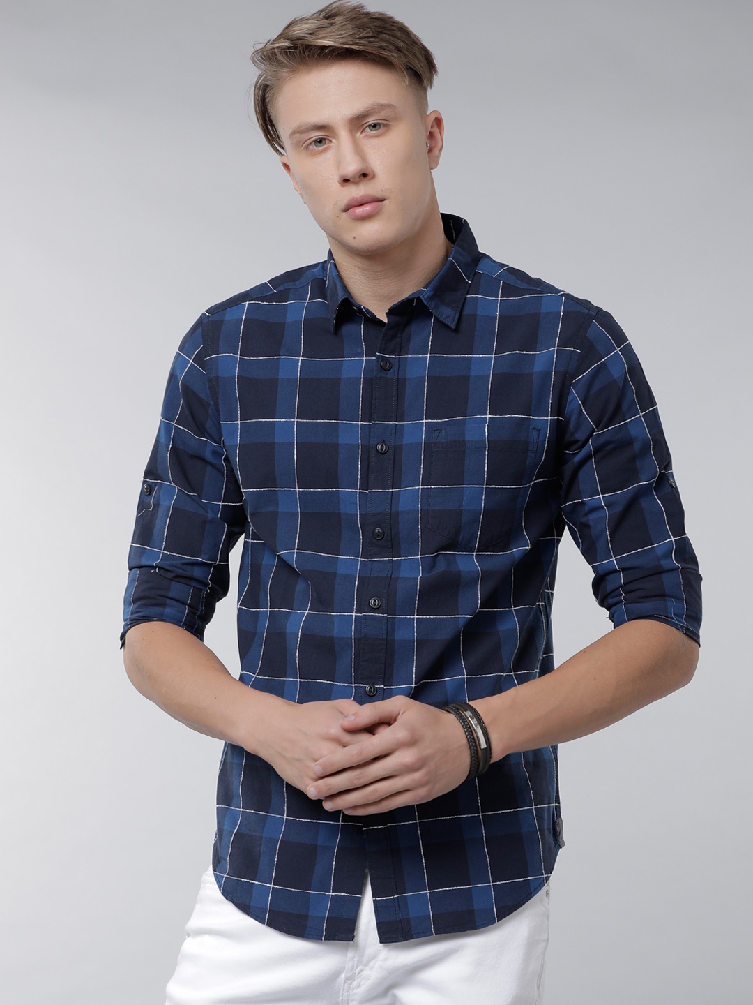 

LOCOMOTIVE Men Navy Blue & Blue Slim Fit Checked Casual Shirt