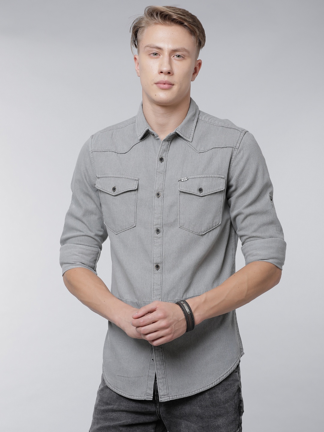 

LOCOMOTIVE Men Grey Slim Fit Solid Casual Shirt