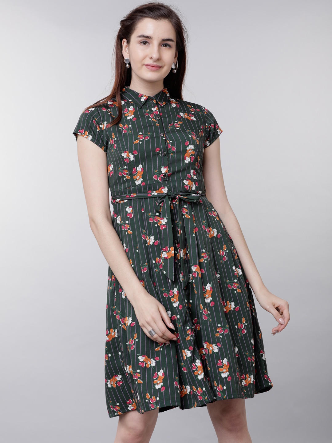 

Tokyo Talkies Women Green Printed Fit and Flare Dress