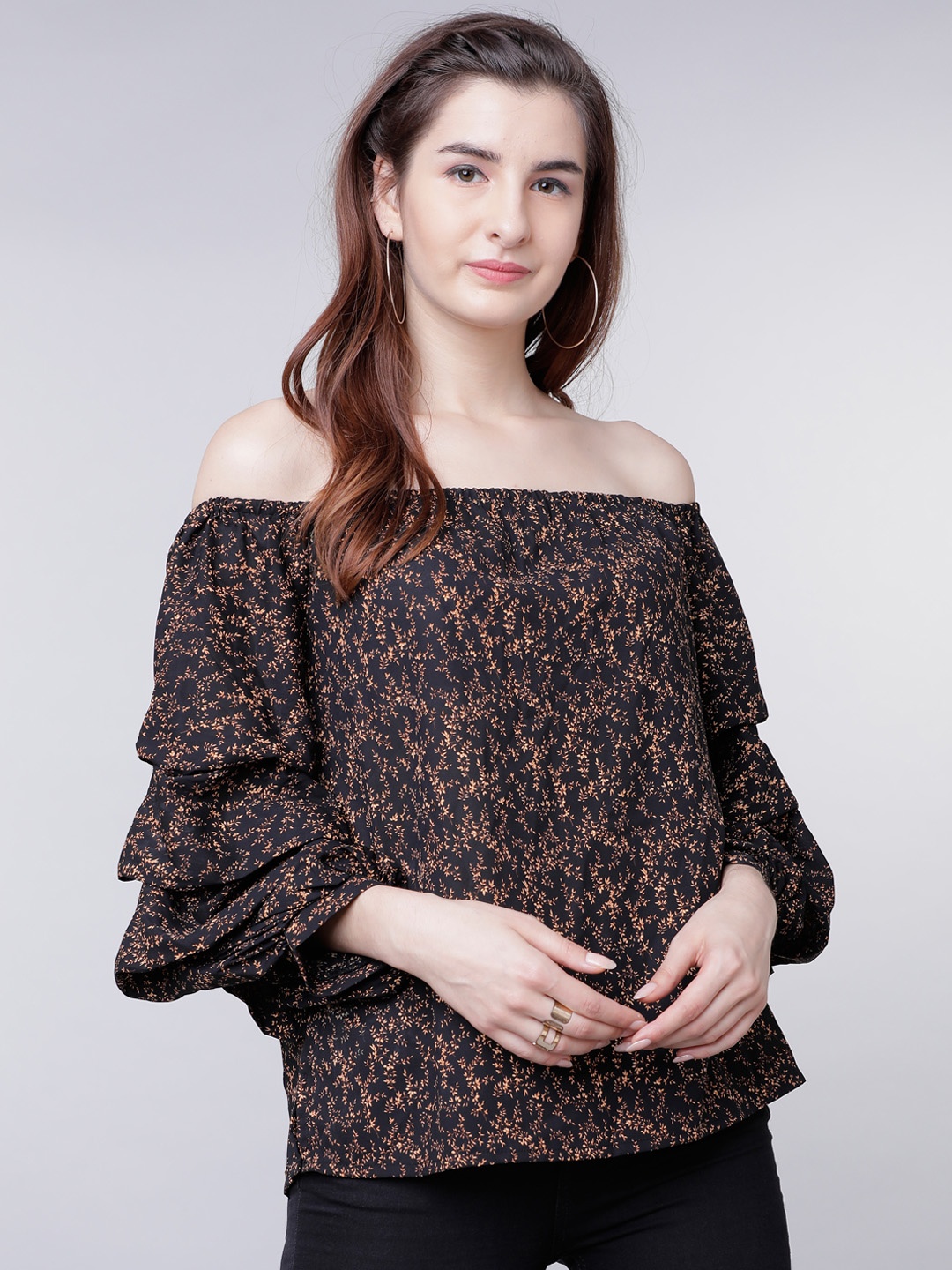 

Tokyo Talkies Women Navy Blue Printed Bardot Top