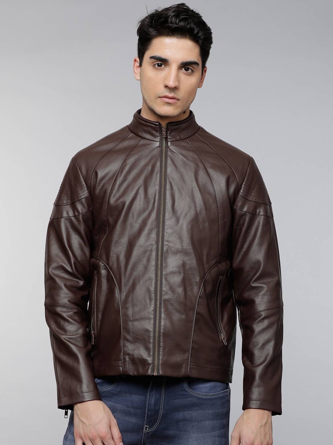 

LOCOMOTIVE Men Brown Solid Biker Jacket