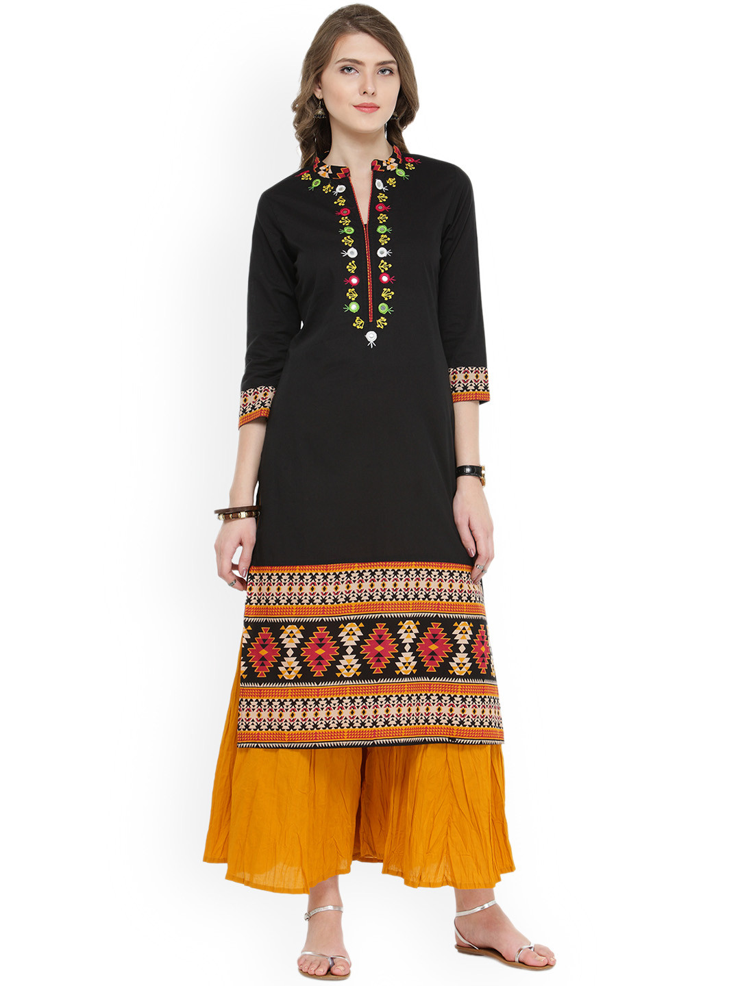 

Varanga Women Black & Mustard Embroidered Kurta with Palazzos