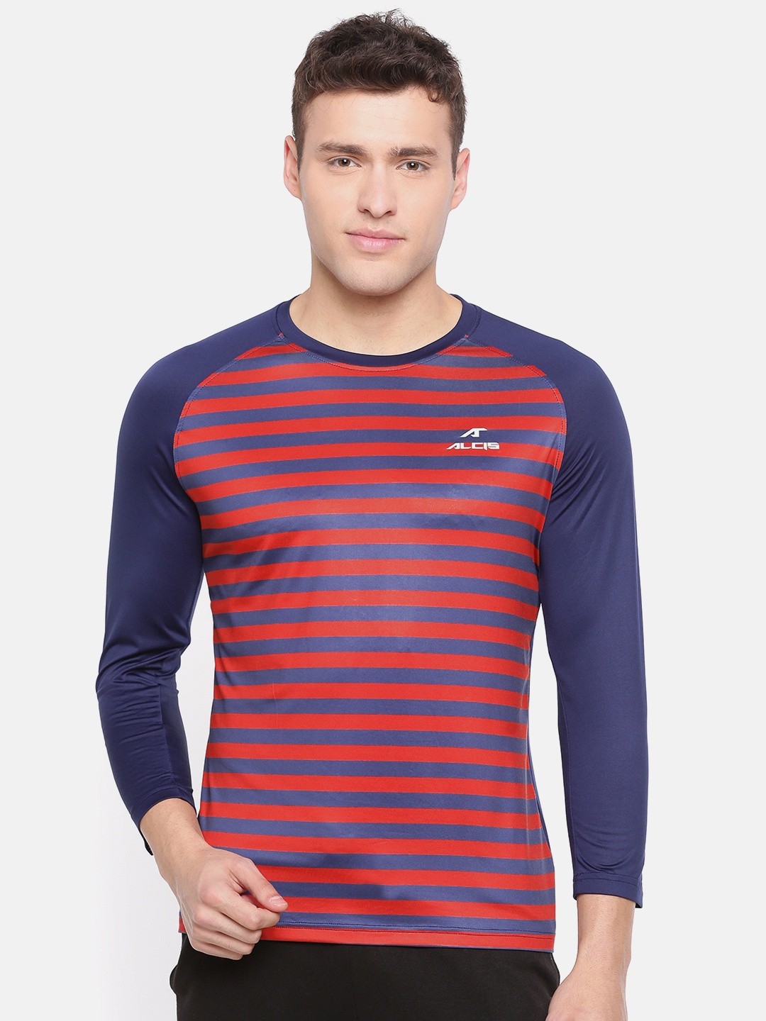 

Alcis Men Navy Blue Striped Round Neck T-shirt