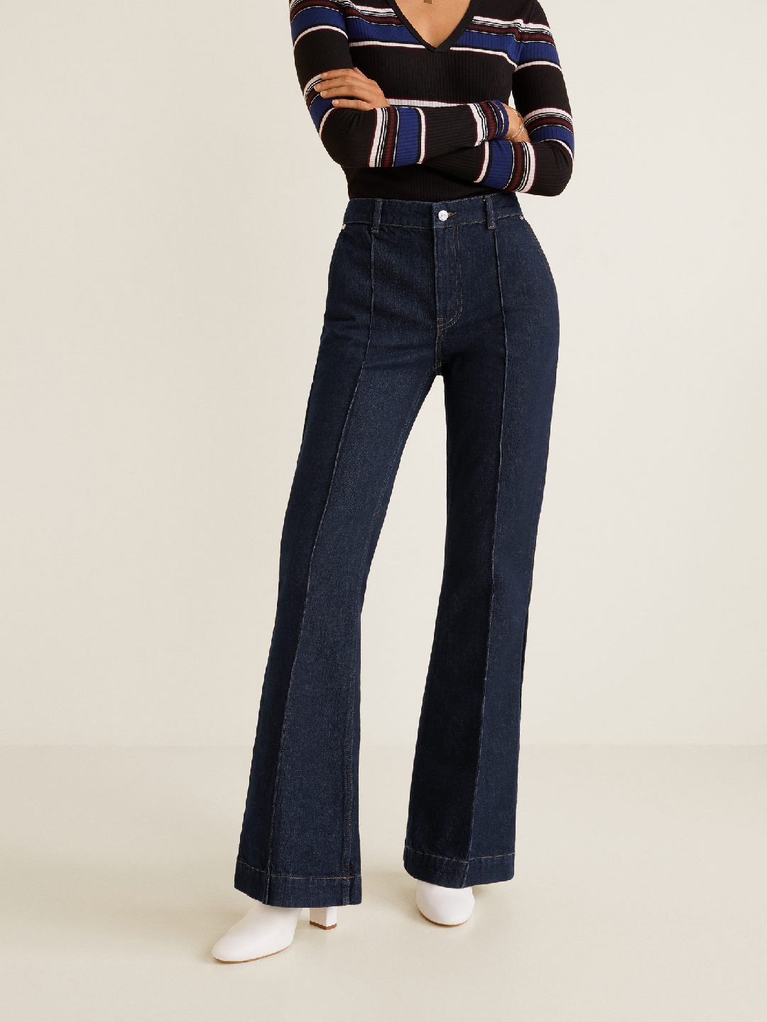 

MANGO Women Navy Blue Flared High-Rise Clean Look Jeans