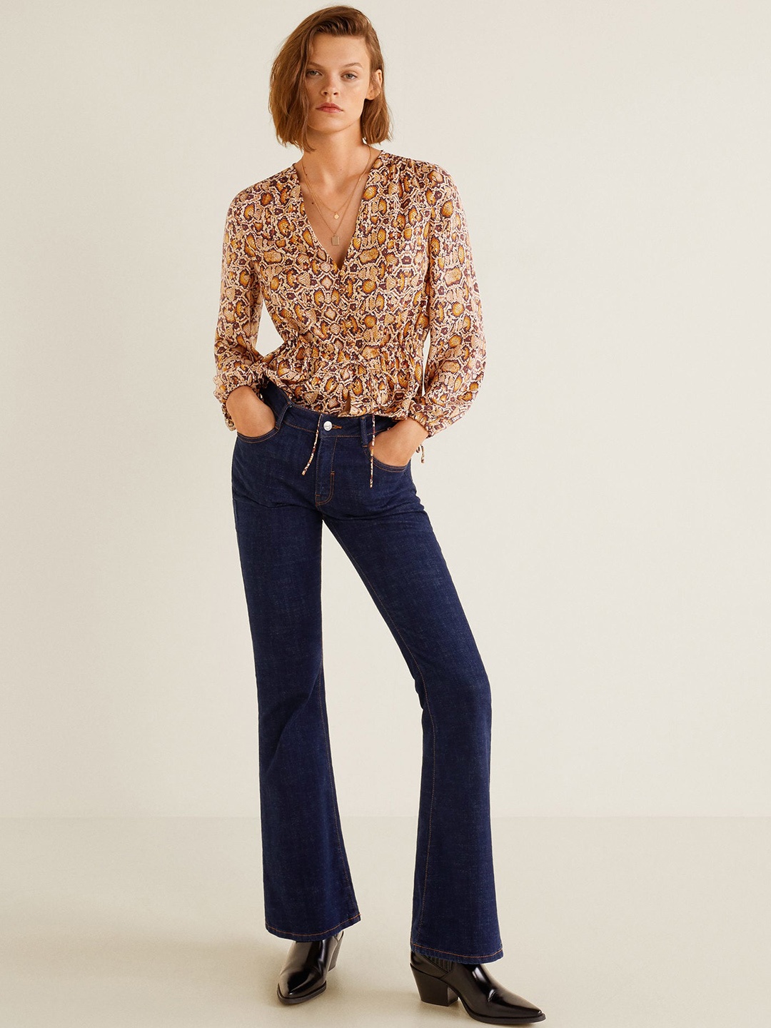

MANGO Women Beige Printed Cinched Waist Top