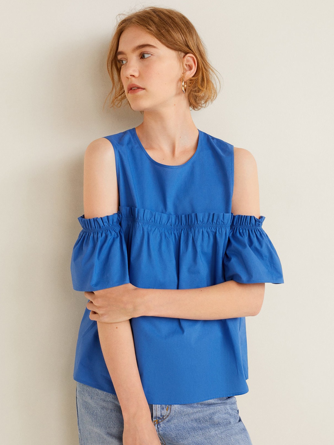 

MANGO Women Blue Solid Pure Cotton Top