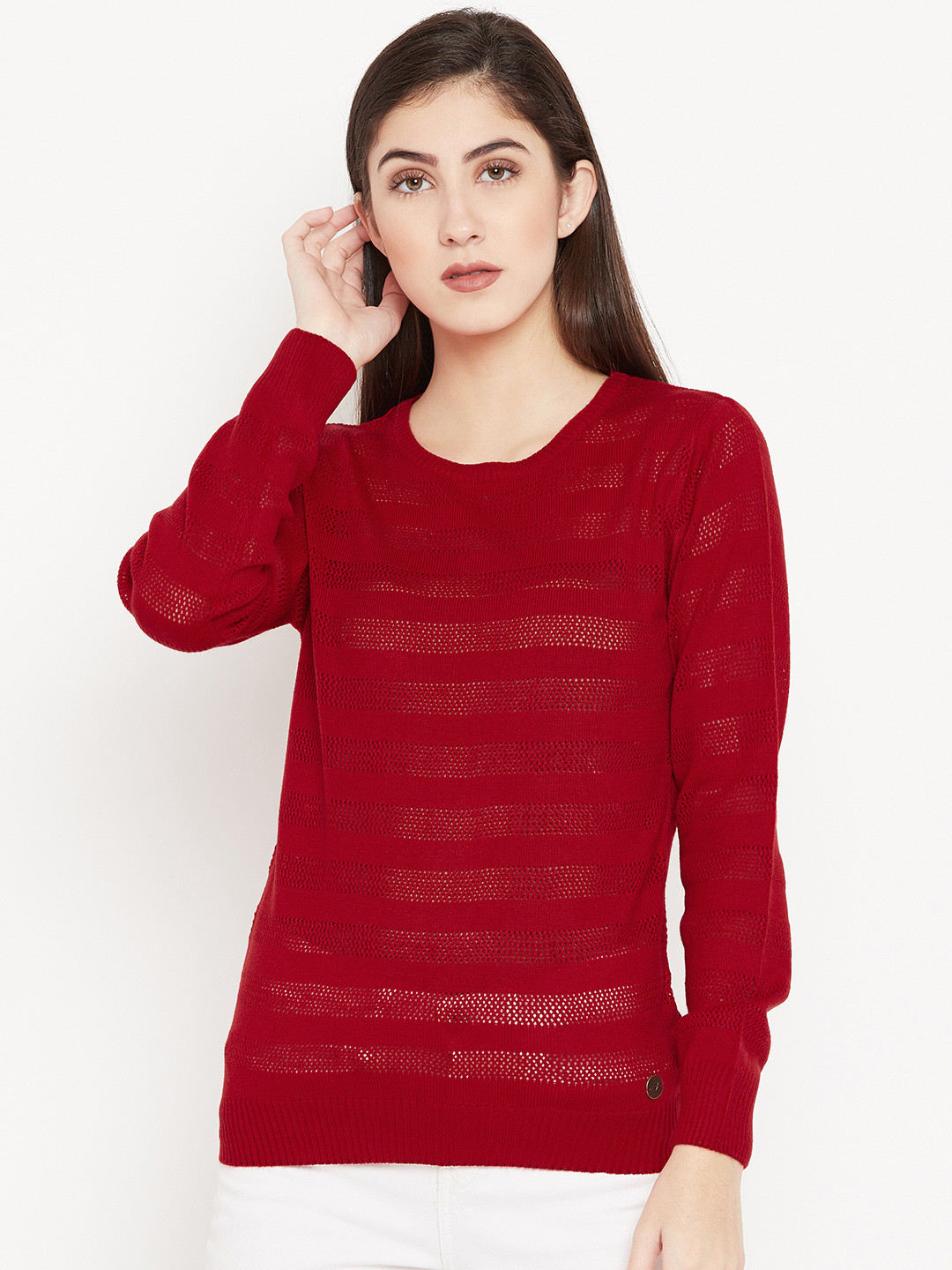 

Cayman Women Red Self Design Woollen Pullover