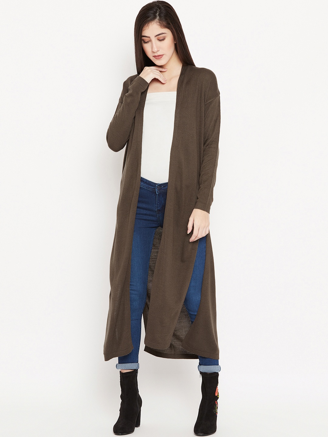

Cayman Olive Brown Solid Woollen Longline Open Front Shrug