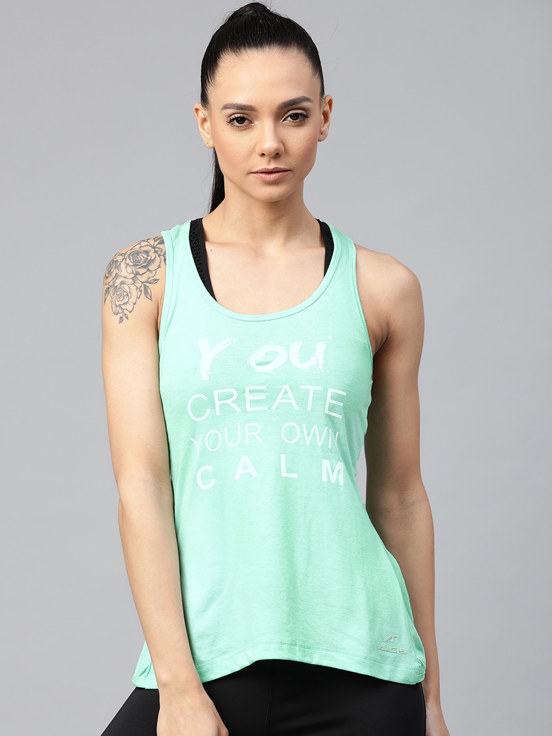 

Alcis Women Sea Green & White Printed Twisted Styled Back Top