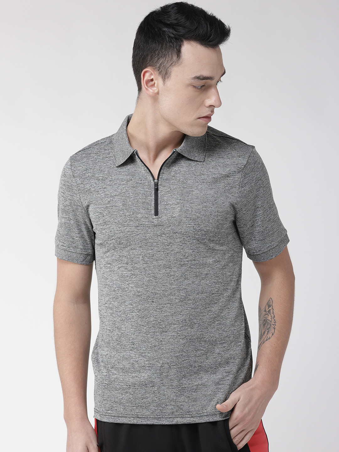 

Alcis Men Grey Melange Solid Slim Fit Polo Collar T-shirt