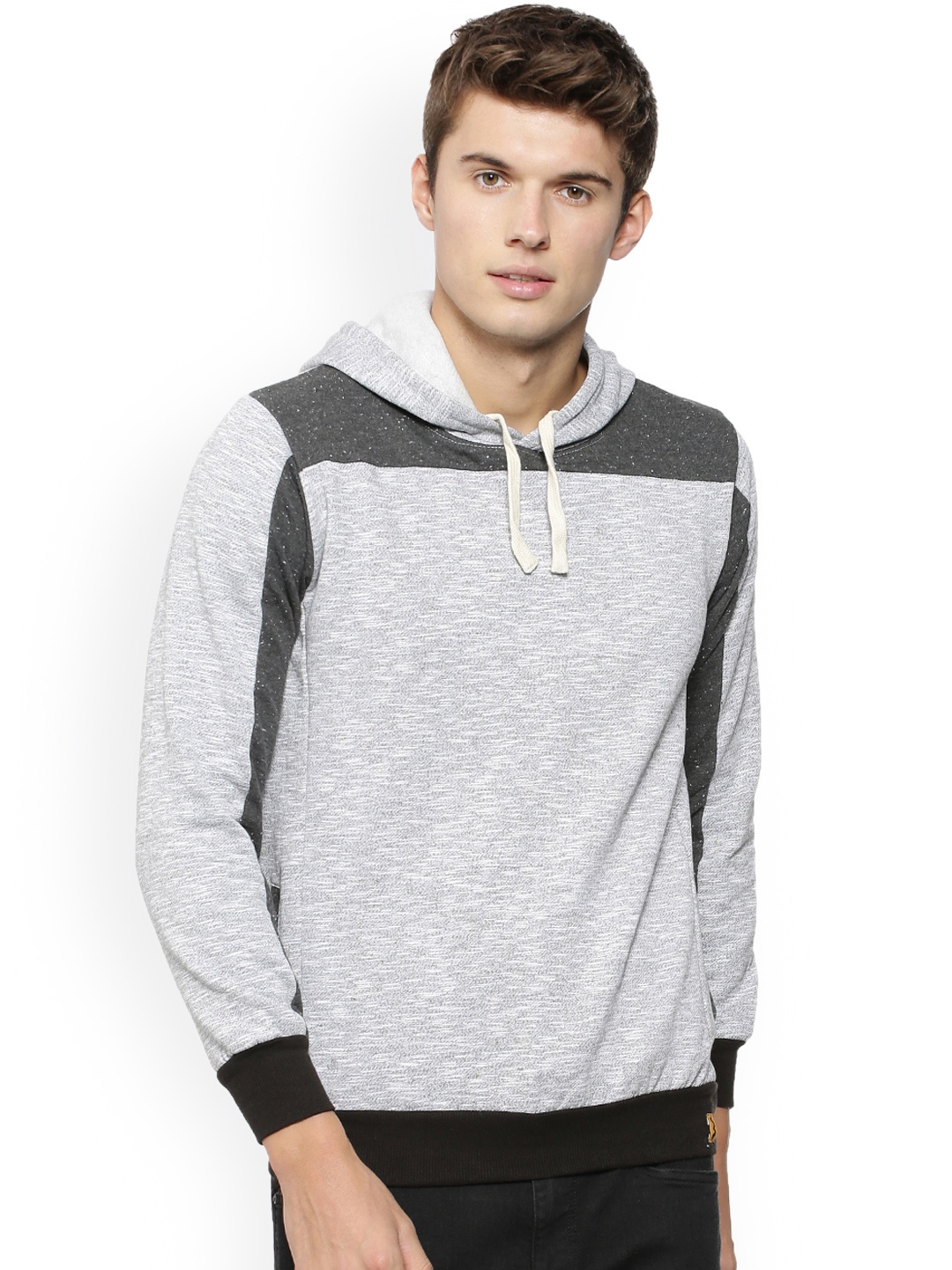 

Campus Sutra Men Grey & Charcoal Colourblocked Hooded Sweatshirt