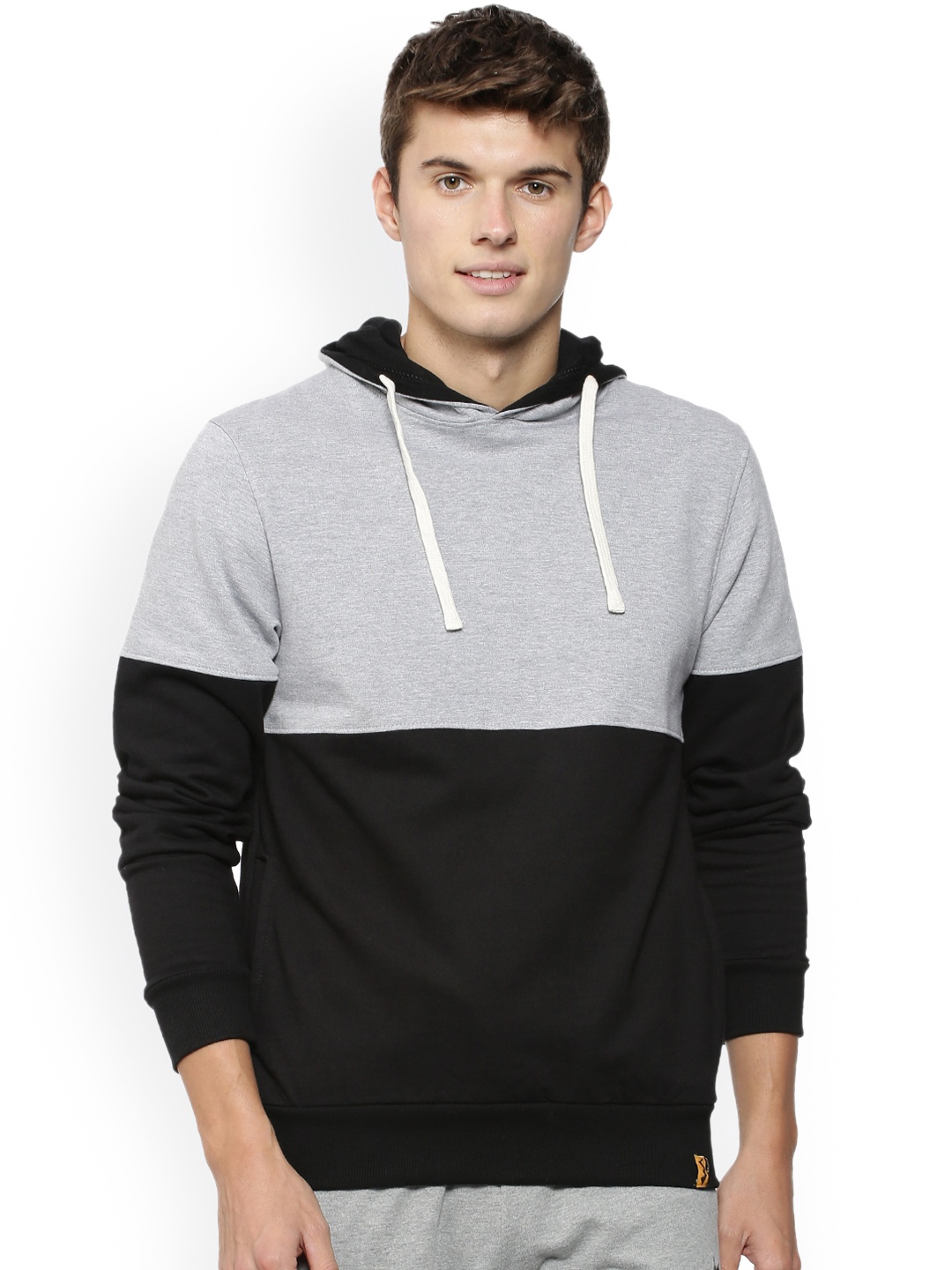 

Campus Sutra Men Black & Grey Colourblocked Hooded Sweatshirt