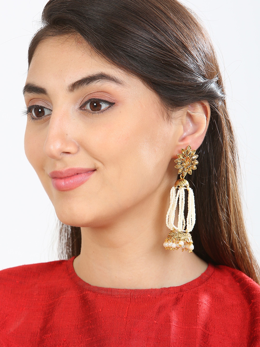 

Rubans Gold-Toned & White Contemporary Jhumkas