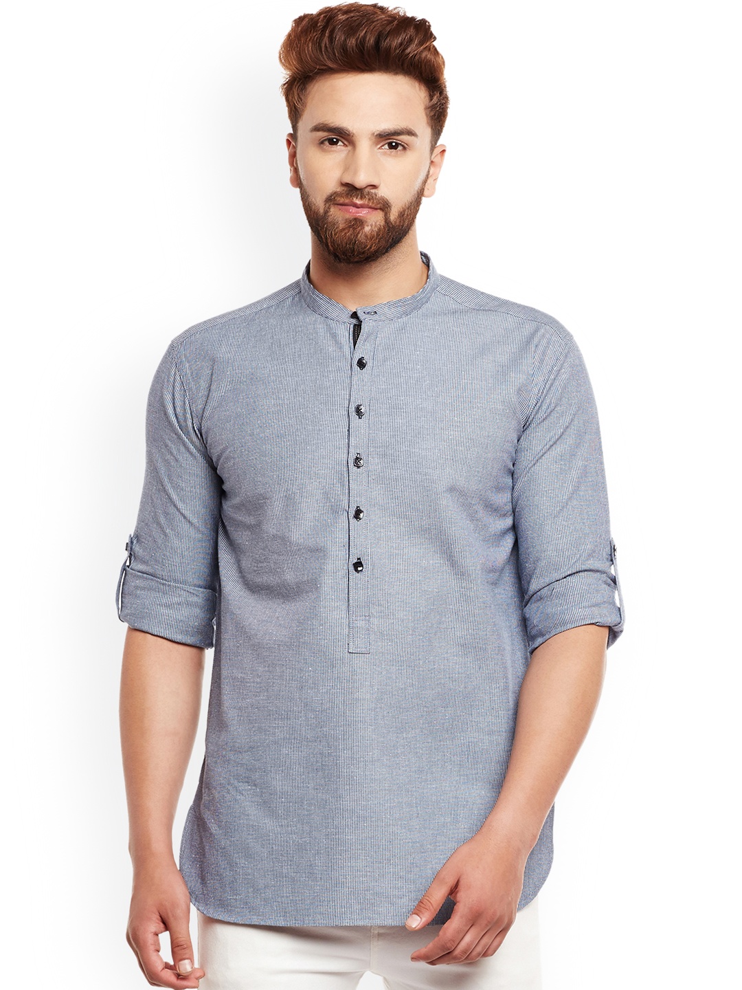 

even Men Blue & White Woven Design Straight Kurta