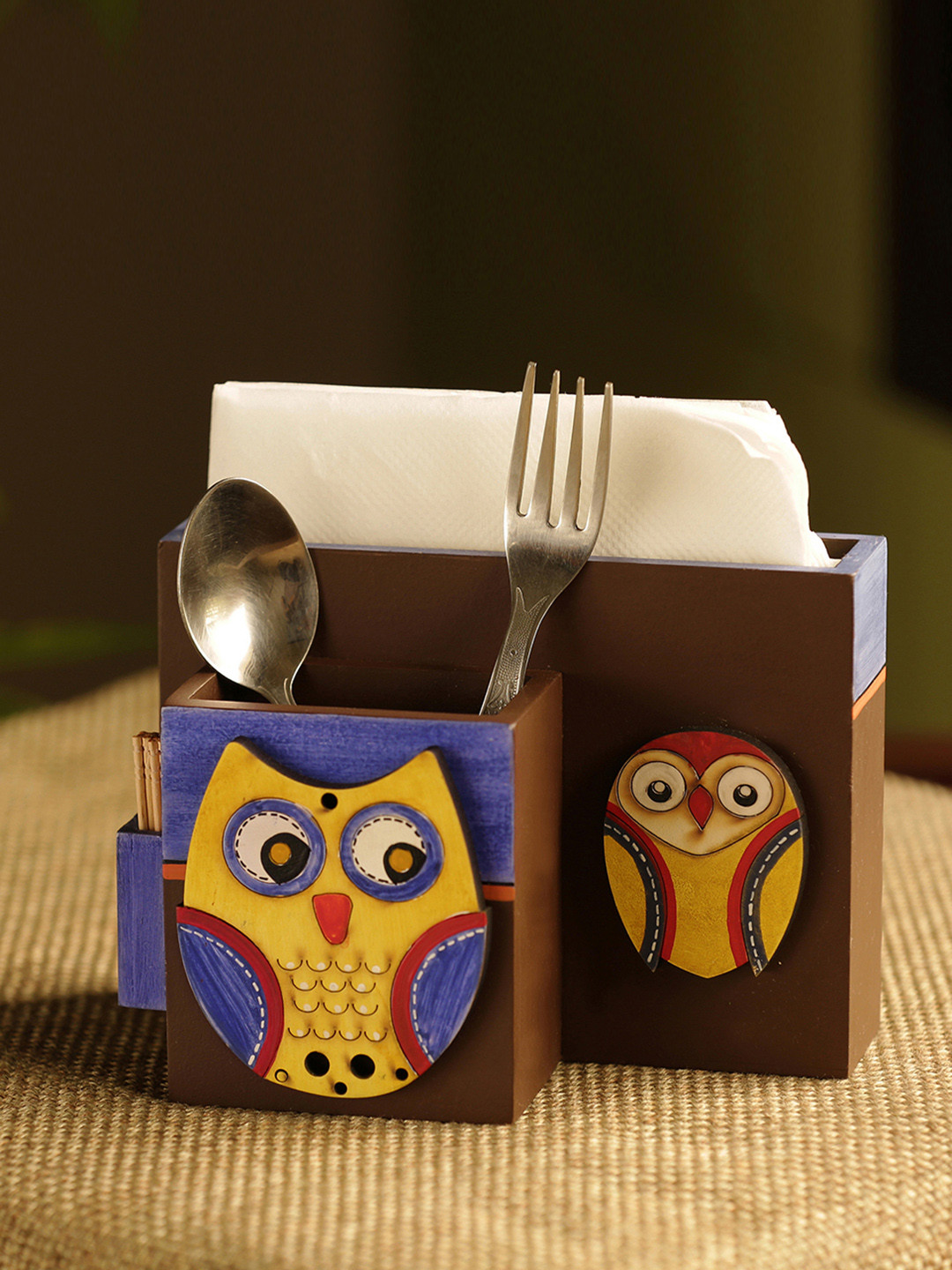 

ExclusiveLane Brown Blue Owl-Shaped Handcrafted Wooden Cutlery Holder