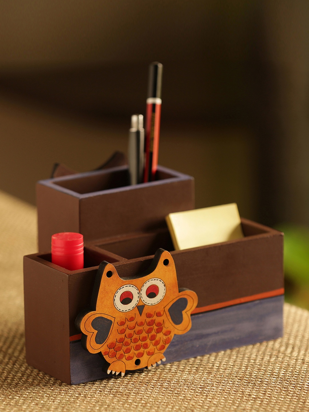 

ExclusiveLane Brown Wooden Twin Owl Hand-Painted Stationery Cum Cutlery Holder