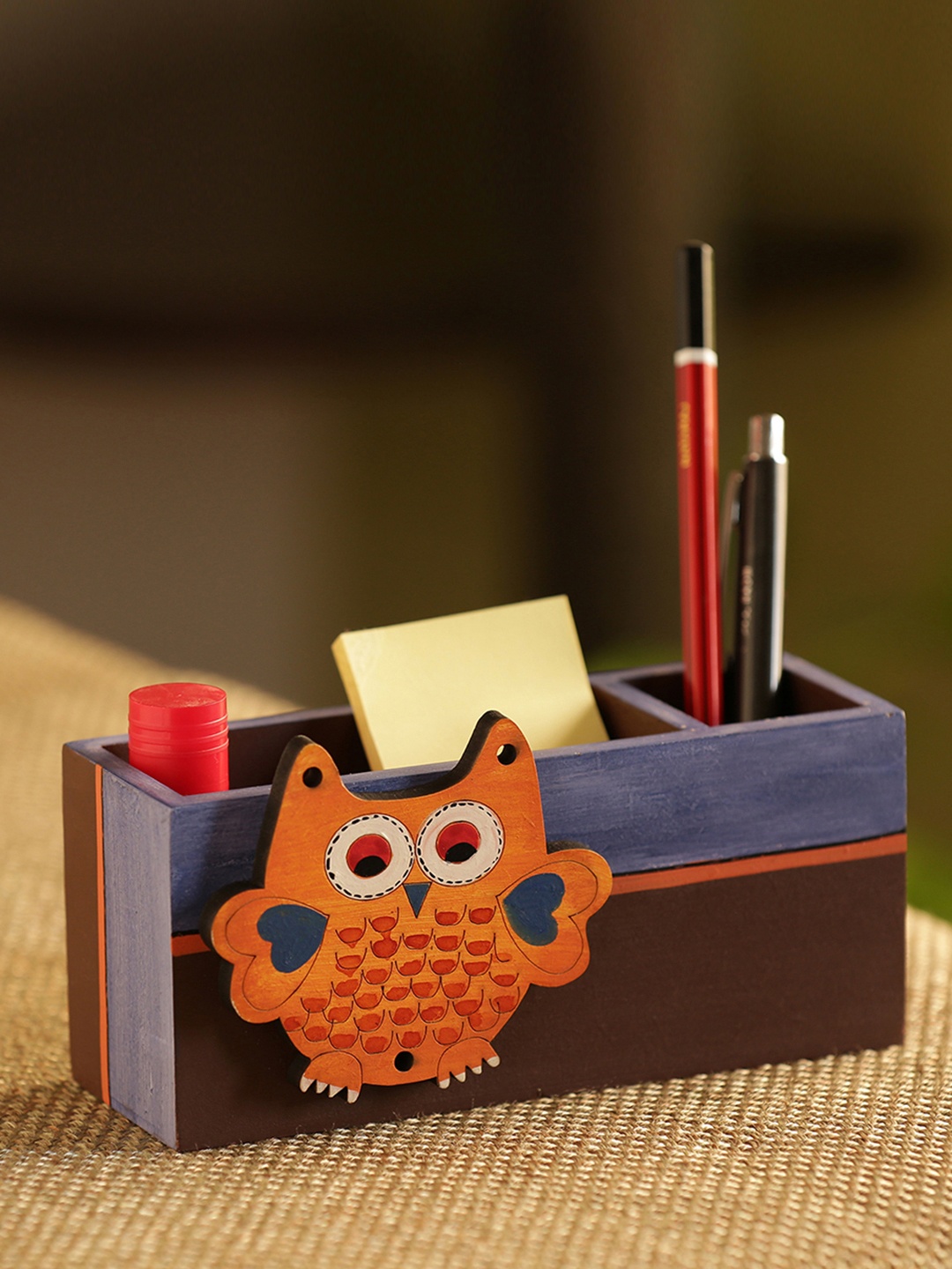 

ExclusiveLane Brown Owl Motif Hand-Painted Wooden Stationery Organisers Cum Cutlery Holder