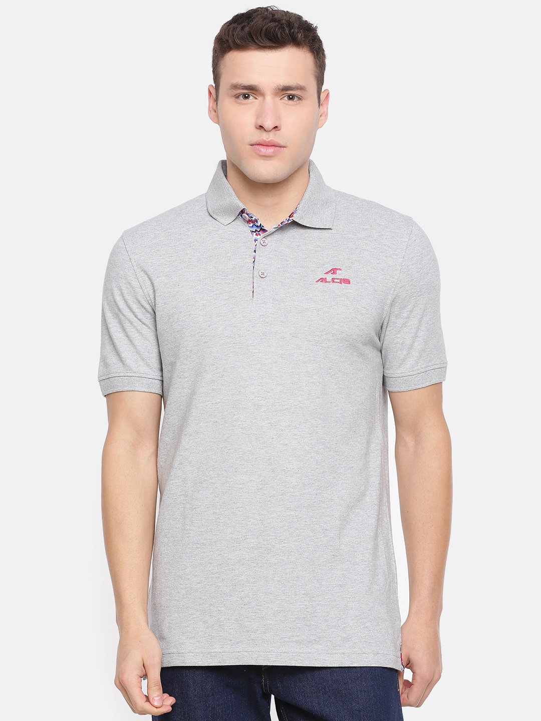 

Alcis Men Grey Melange Solid Polo Collar T-shirt