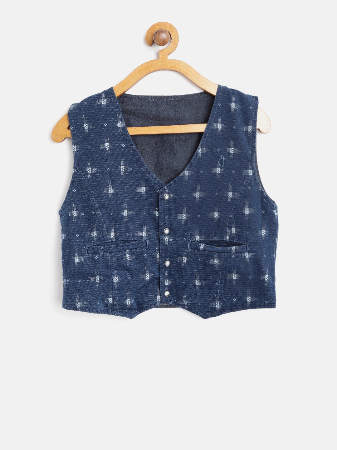 

Gini and Jony Boys Navy Blue Printed Chambray Reversible Pure Cotton Waistcoat