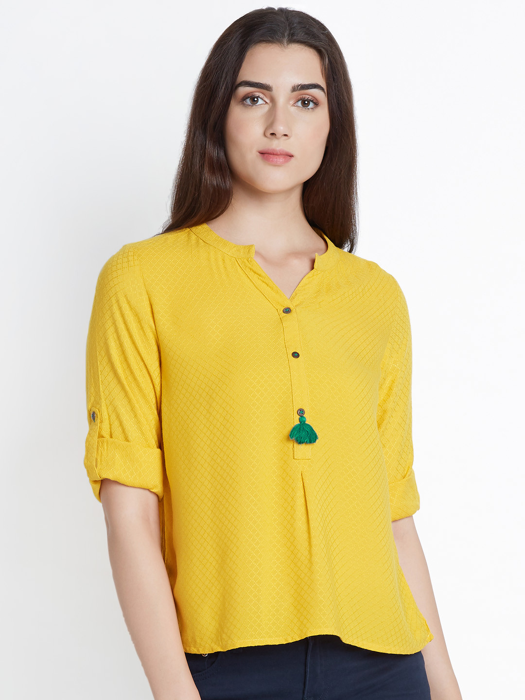 

AKKRITI BY PANTALOONS Women Mustard Yellow Self Design High-Low Top