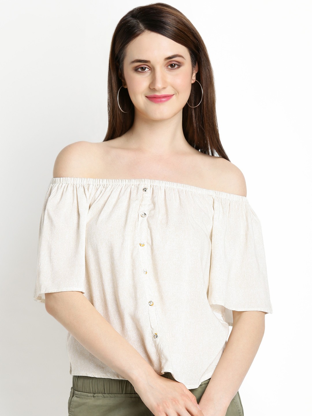 

AKKRITI BY PANTALOONS Women Off-White Printed Bardot Top