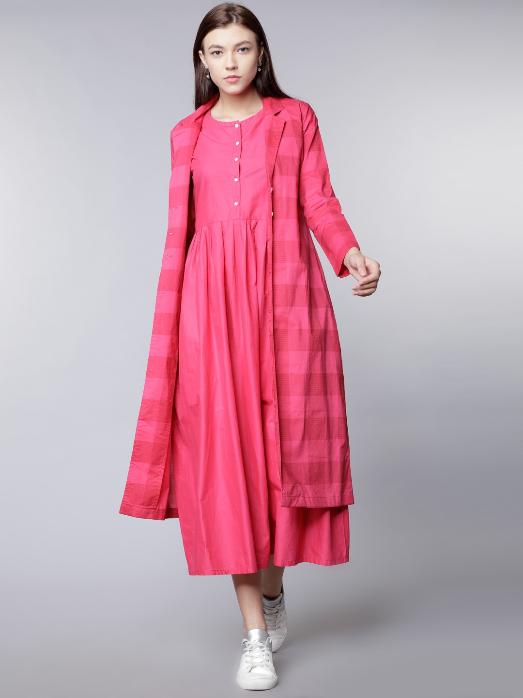 

Vishudh Women Pink Checked Shirt Dress with Front Open Jacket