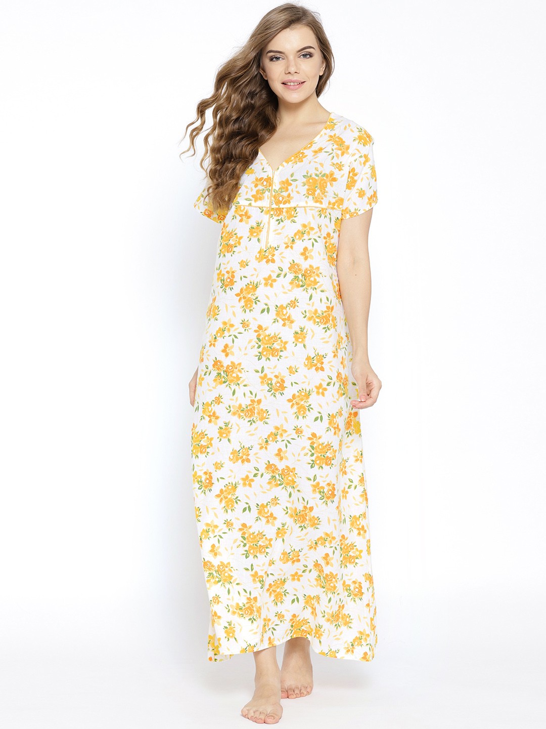 

Clovia White & Yellow Floral Print Nightdress NSS001P02O